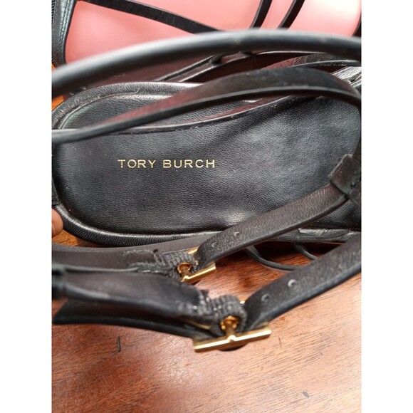 Tory Burch Sandals Women's Black 7.5M Leather Gladiator Ankle Strap Party Shoes - Picture 6 of 8